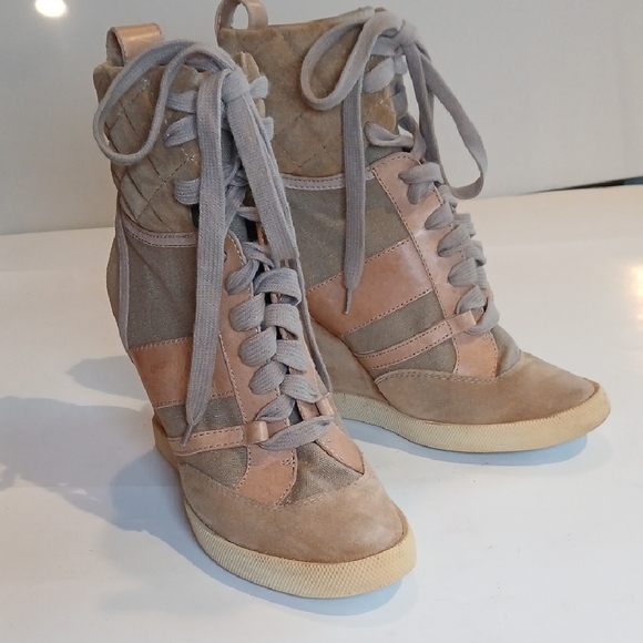 🤎 Chloé Kasia Suede Leather Canvas Tan Wedge Sneakers Size 39 Quiet Luxury - Picture 6 of 16